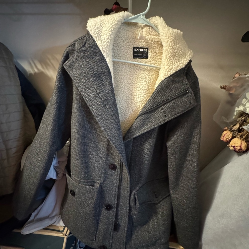 Express Women's Charcoal Pea Coat with Cream Sherpa Lining